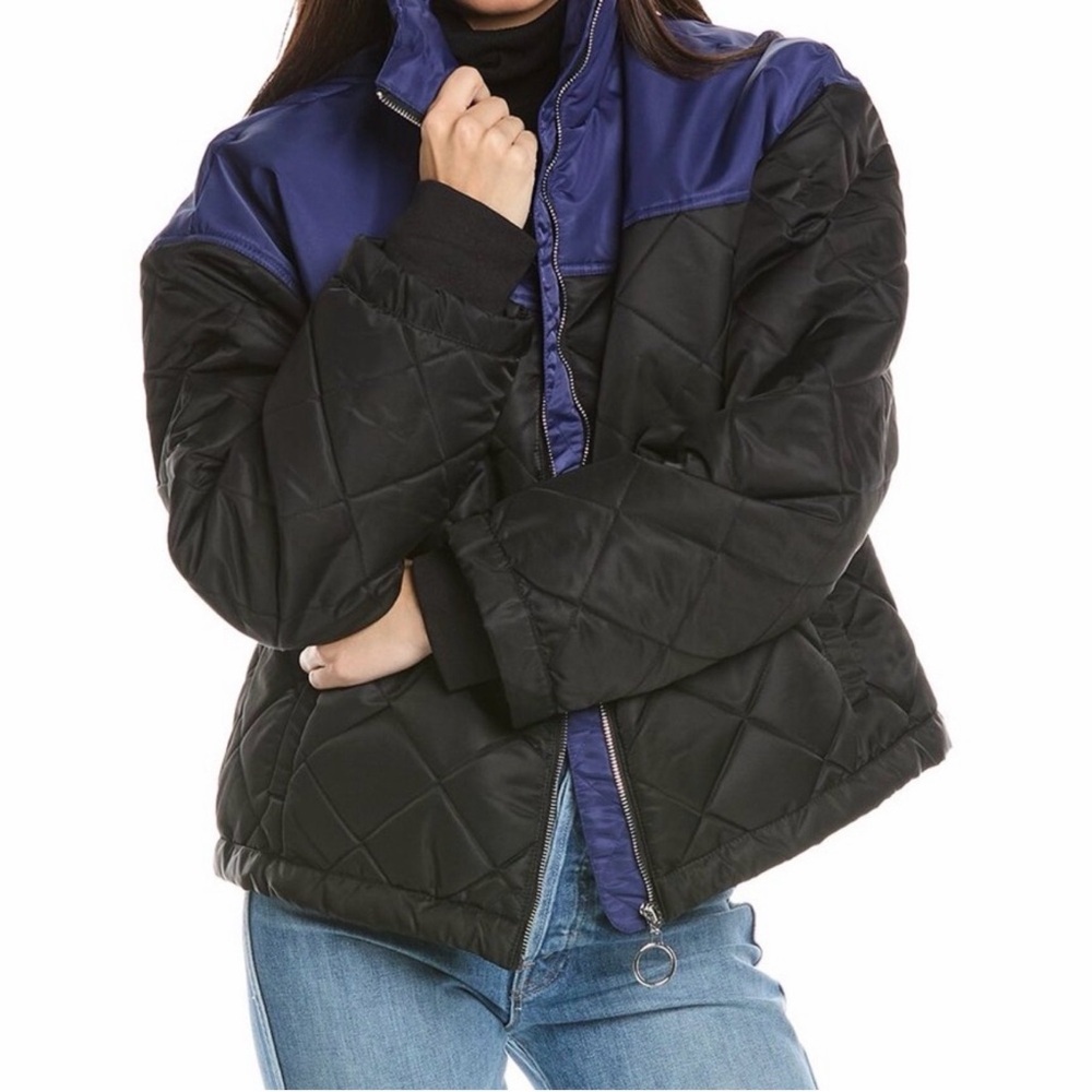 WWW color blocked quilted puffer jacket in black and blue